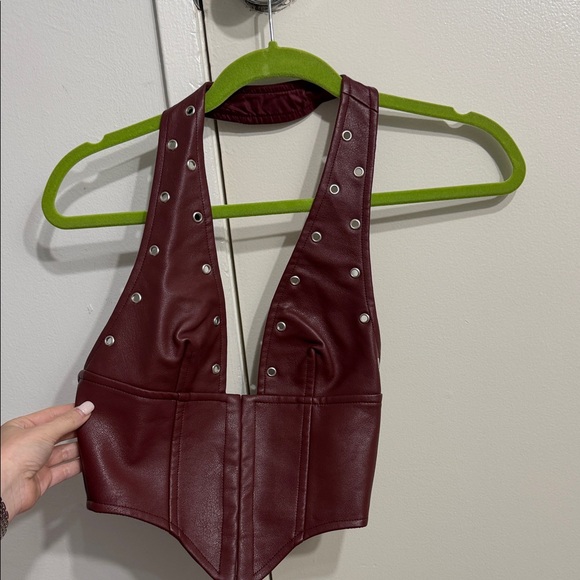 Princess Polly Burgundy Faux Leather Studded Crop Top - Picture 2 of 5